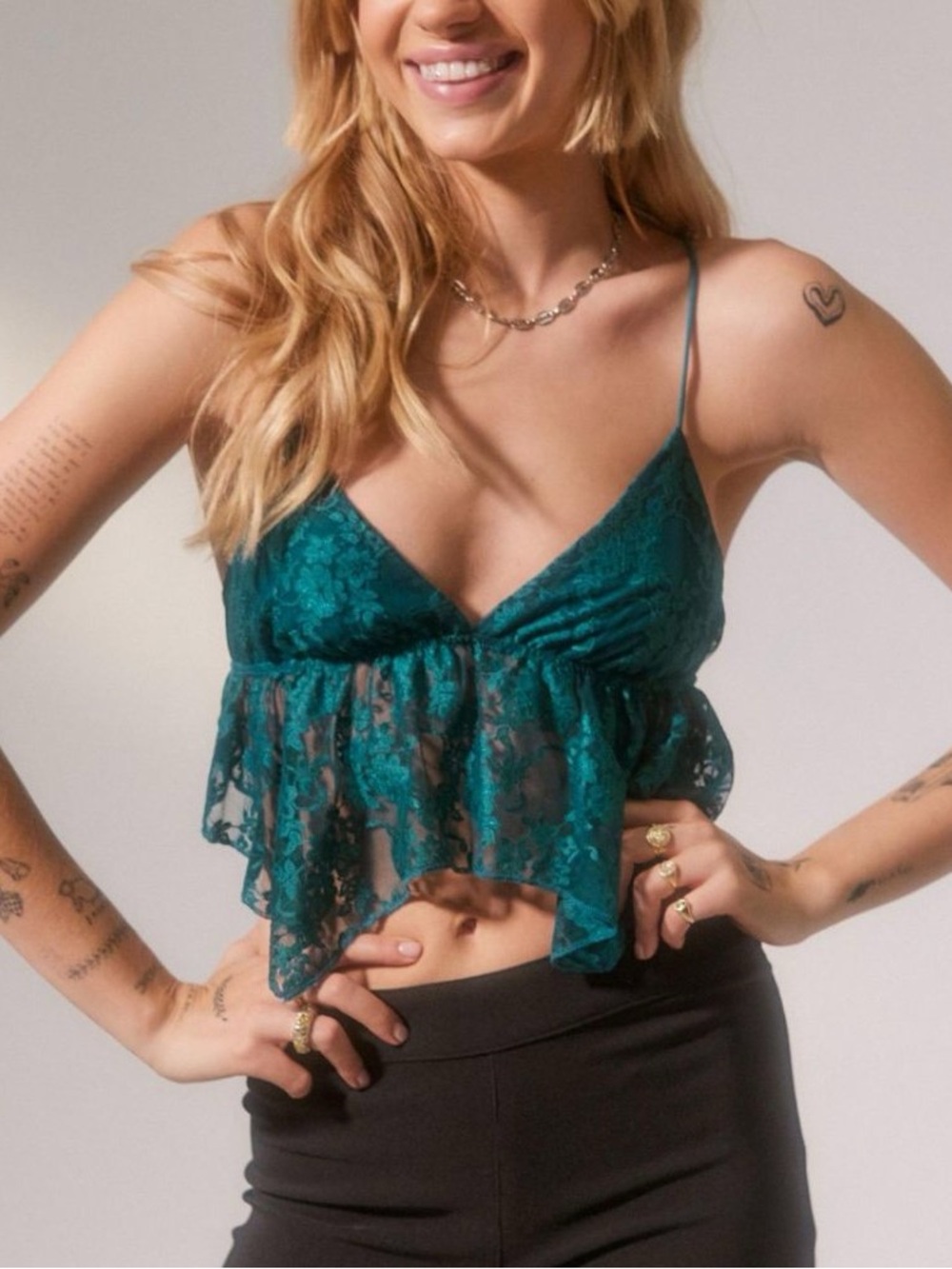 Urban Outfitters Tabitha Teal Lace Ruffle Cami